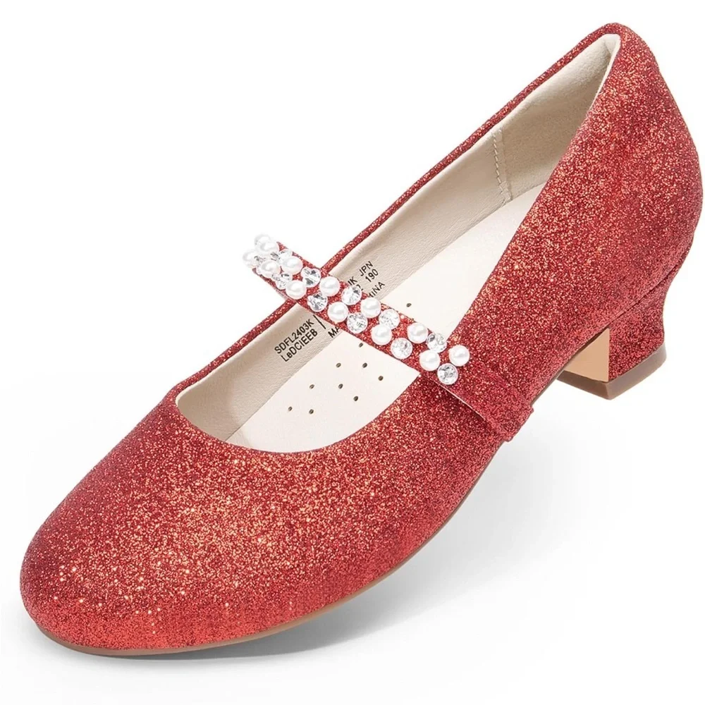 NIB Mary Jane GIRLS SZ 1 RED GLITTER DRESS Shoes LOW HEEL w/Pearls & Rhinestones